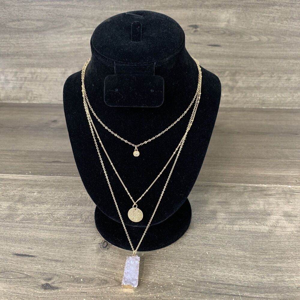 Melrose and Market Multi Layered Long Necklace Gemstone Pendant Charm Gold Tone
